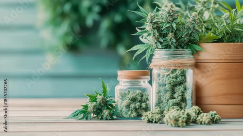 Natural cannabis cultivation outcome featuring vibrant green plant, cured flower in transparent jars, and loose buds on plank wood.