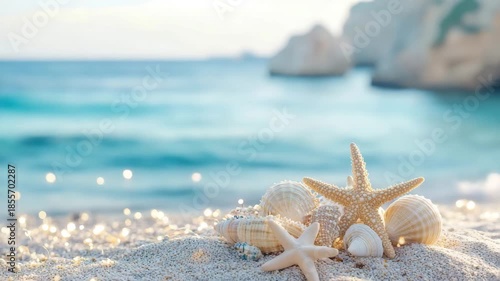 Seashell and Starfish Arrangement on Sparkling White Sand with Turquoise Ocean Horizon