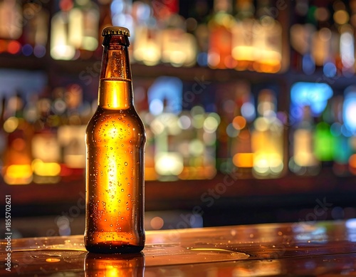 Close-up of a brown bottle of beer with water droplets