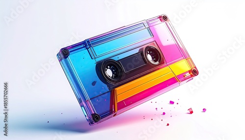 A vibrant, translucent cassette tape floats against a white background