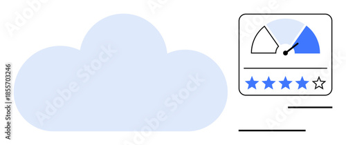 Cloud computing. a cloud infographic with a performance meter and star ratings. Cloud computing enhancing data management, performance analysis, and digital efficiency. For IT, software, analytics