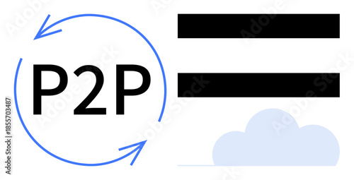 Circular P2P arrows connect peers, blue cloud signifies online storage, black lines suggest data exchange. Ideal for collaboration, networking, cloud technology, data sharing, blockchain, remote