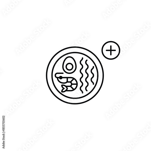 Ramen noodles and plus symbol. Menu expansion, new items needed. Asian food delivery and takeaway services. Pixel perfect, editable stroke vector icon