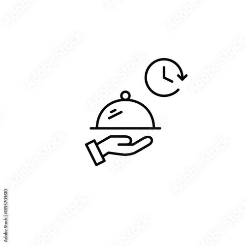 Restaurant food cloche in hand and clock. Food delivery, room service and timed menu orders. Pixel perfect, editable stroke vector icon