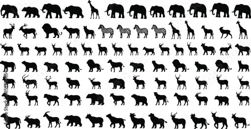Animal silhouette illustration set, elephant giraffe zebra deer bear vector, wildlife pattern artwork, nature design, educational decorative artwork