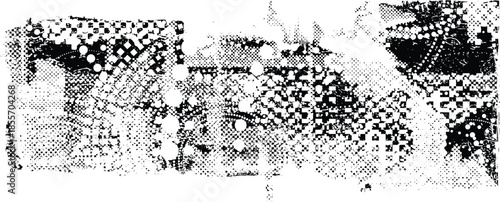 Glitch distorted grungy banner . Noise destroyed background . Trendy defect . Glitched collage .Grunge textured . Distressed effect .Vector shape. halftone dots . Screen print texture
