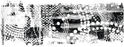 Glitch distorted grungy banner . Noise destroyed background . Trendy defect . Glitched collage .Grunge textured . Distressed effect .Vector shape. halftone dots . Screen print texture
