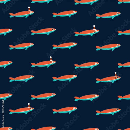 Seamless pattern with fish. Suitable for Christmas posters, social media, banners, invitations, and textile design.  Background with sardines.