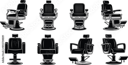 Barber chair collection, vintage salon furniture, modern grooming seat vector, hairdressing decor illustration, barbershop equipment design, professional salon art