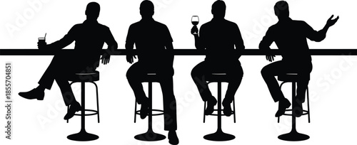 Bar counter silhouettes, people drinking, social interaction, wine glass pose, casual seating, nightlife vector, black white design, friends gathering illustration