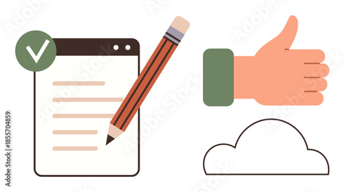 Pencil writing on a document with a green checkmark, thumbs-up hand gesture, and cloud icon. Ideal for approval, creativity, collaboration, productivity, communication, teamwork simple flat metaphor