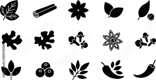 Collection of black culinary herbs and spices silhouettes featuring cinnamon rolls, star anise, ginger, chili peppers, and medicinal leaves isolated on white for food branding.
