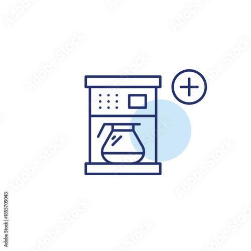 Coffee maker with pot and plus symbol. Starting the brew. Pixel perfect, editable stroke vector icon