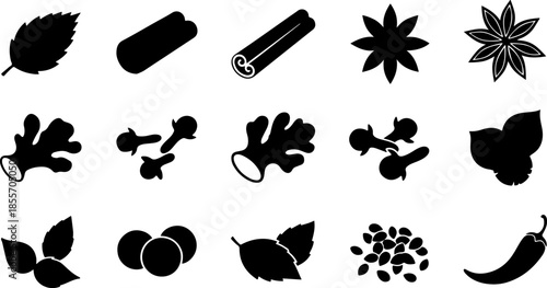 Large set of black culinary spice and herb silhouettes featuring cinnamon sticks, star anise, ginger root, cloves, and chili pepper isolated on white for cooking and food branding.