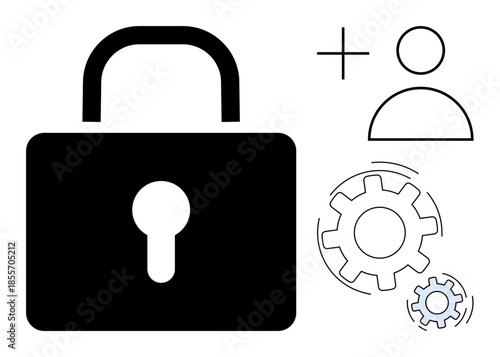 Security, privacy, user authentication, account management, system settings, digital access. A padlock with user and gear icons. Security and privacy concepts for digital platforms and services
