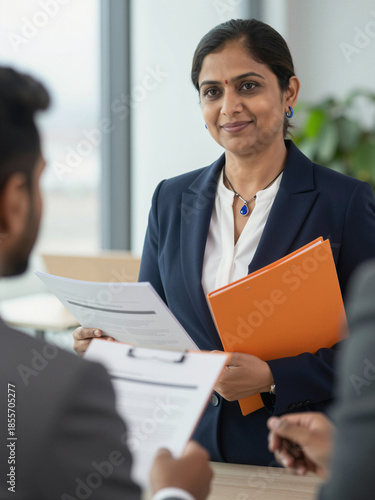 Smiling Mature Indian Businesswoman Handing Document To Colleague In Modern Office
