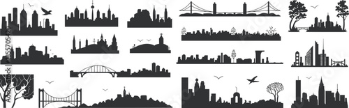 Black silhouette illustrations of diverse city skylines and bridges featuring iconic landmarks, towers, and urban architecture for design, education, and creative projects
