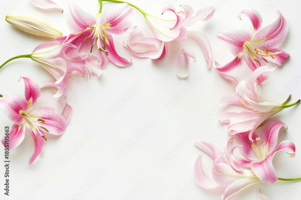 Fototapeta premium Beautiful pink white lily flowers decorative border with delicate petals on transparent background