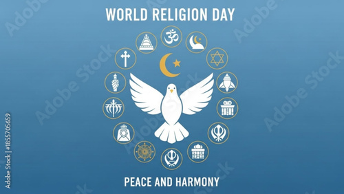 Harmony and Unity in Faith: A visually compelling representation of World Religion Day, with a dove symbolizing peace and harmony, surrounded by various religious symbols.