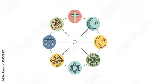 Unity of Faiths: A visual representation of interfaith harmony, with various religious symbols connected, symbolizing understanding and togetherness.