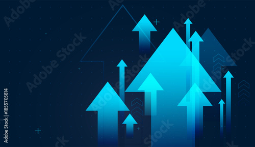Multiple blue arrows race upward, blue arrows abstract background material design. Overlapping translucent arrows create a sense of accelerating growth