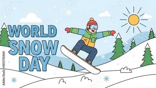 World Snow Day: An energetic snowboarder soars through the air on World Snow Day, surrounded by a crisp winter scene with evergreen trees and snowflakes falling.
