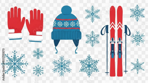 Winter Wonderland Elements: A collection of winter elements, a whimsical display of cold weather accessories and tools, ready for the upcoming snow season.