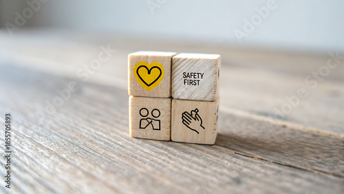 Four wooden blocks stacked with safety and care icons, symbolizing health and well-being.