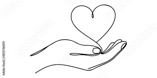 Continuous one line of a simple heart shape with open hands, symbolizing care and affection, hand drawn vector illustration.