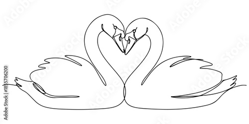 Continuous one line of a two swans forming a heart shape with their necks, symbolizing loyal love, hand drawn vector illustration.