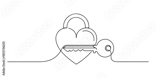 Continuous one line of a heart shaped lock and key combined, representing trust and emotional security, hand drawn vector illustration.
