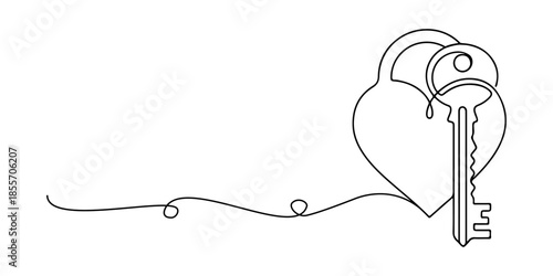 Continuous one line of a heart shaped lock and key combined, representing trust and emotional security, hand drawn vector illustration.