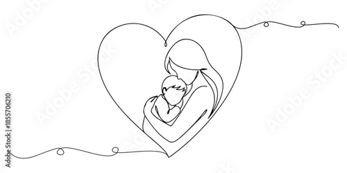 Continuous one line of a mother gently holding a child within a heart outline, symbolizing unconditional love, hand drawn vector illustration.