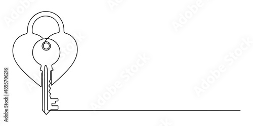 Continuous one line of a heart shaped lock and key combined, representing trust and emotional security, hand drawn vector illustration.