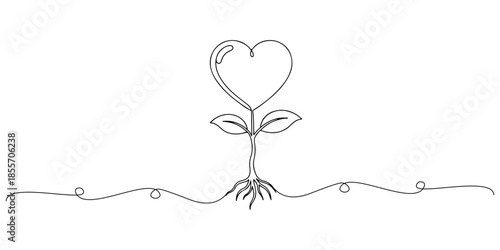 Continuous one line of a heart growing from a small plant sprout, representing growing love and care, hand drawn vector illustration.