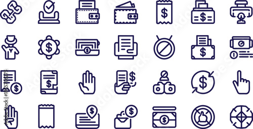 Extensive collection of modern line icons depicting financial transactions, digital payments, banking services, and money management concepts suitable for business and personal finance applications