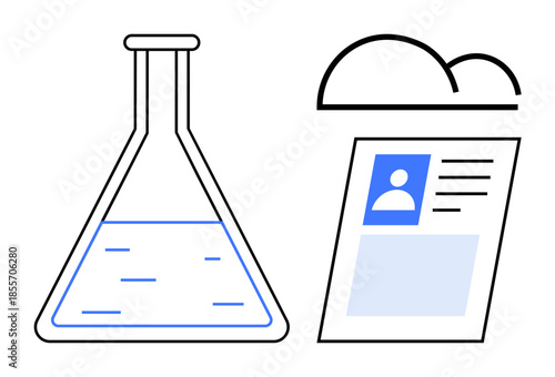 Science and technology. Science lab flask, digital cloud, and ID profile science, technology integration, and data storage. Science connects innovation, research and development. Ideal