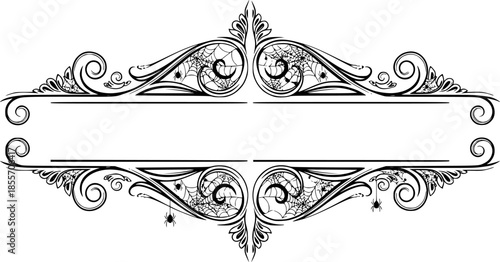 Halloween split monogram frame with spider web, ornate swirling decorative elements, fancy curls, line Calligraphy filigree scroll
