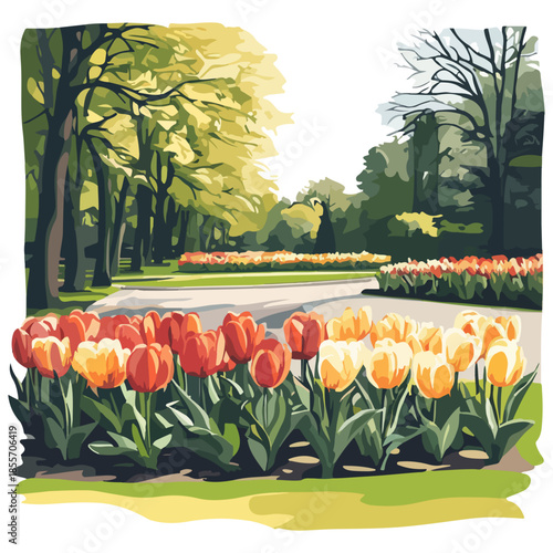 keukenhof gardens, dutch tulip season, festival, vector, transparent background, garden, tulip, flowers, tulips, keukenhof, outdoor, beauty, flora, floral, landscape, field, gardening, bloom, blossom