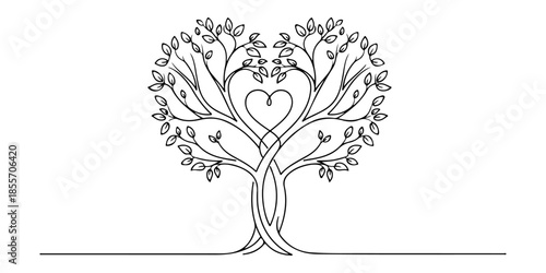 Continuous one line of a heart shaped tree with flowing branches, representing family love and growth, hand drawn vector illustration.