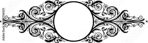 Halloween split monogram frame with spider web, ornate swirling decorative elements, fancy curls, line Calligraphy filigree scroll
