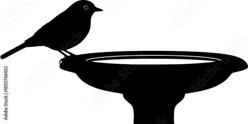 Silhouette of a Bird Resting on a Bird Bath in stark contrast

