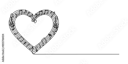Continuous one line of a heart formed from musical notes, representing love and harmony, hand drawn vector illustration.