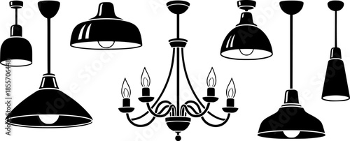 Various hanging ceiling lamps. Lamp, chandelier. Black silhouette. Front side view. Vector simple flat graphic illustration. Isolated object on a white background
