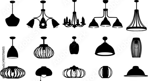 Various hanging ceiling lamps. Lamp, chandelier. Black silhouette. Front side view. Vector simple flat graphic illustration. Isolated object on a white background