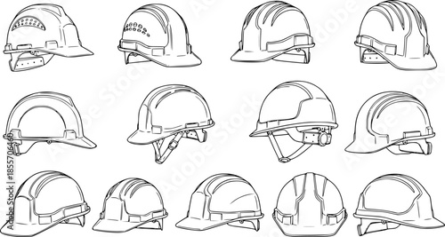 Detailed vector hand drawing of construction helmets showcasing different angles and design features in a minimalist style
