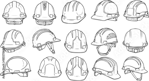 Detailed vector hand drawing of construction helmets showcasing different angles and design features in a minimalist style
