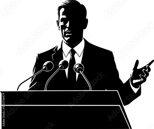 silhouette of a politician giving press conference at podium
