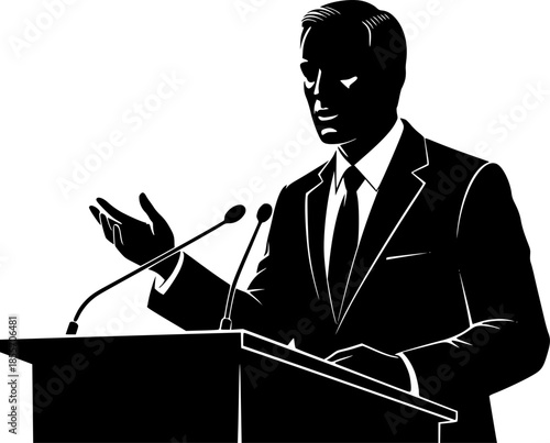 silhouette of a politician giving press conference at podium
