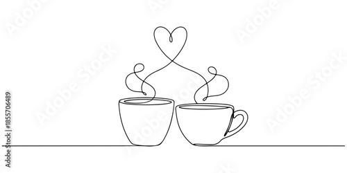 Continuous one line of a two cups forming a heart through steam lines, symbolizing warm love and togetherness, hand drawn vector illustration.
